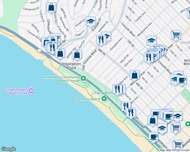map of restaurants, bars, coffee shops, grocery stores, and more near 429 Ocean Avenue in Santa Monica