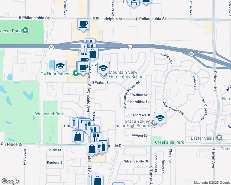 map of restaurants, bars, coffee shops, grocery stores, and more near 2657 South Desert Forest Avenue in Ontario