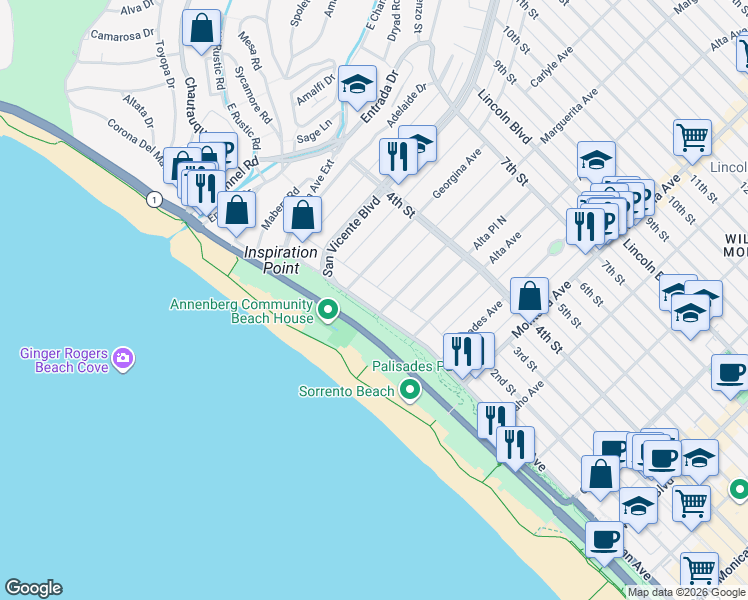 map of restaurants, bars, coffee shops, grocery stores, and more near 429 Ocean Avenue in Santa Monica