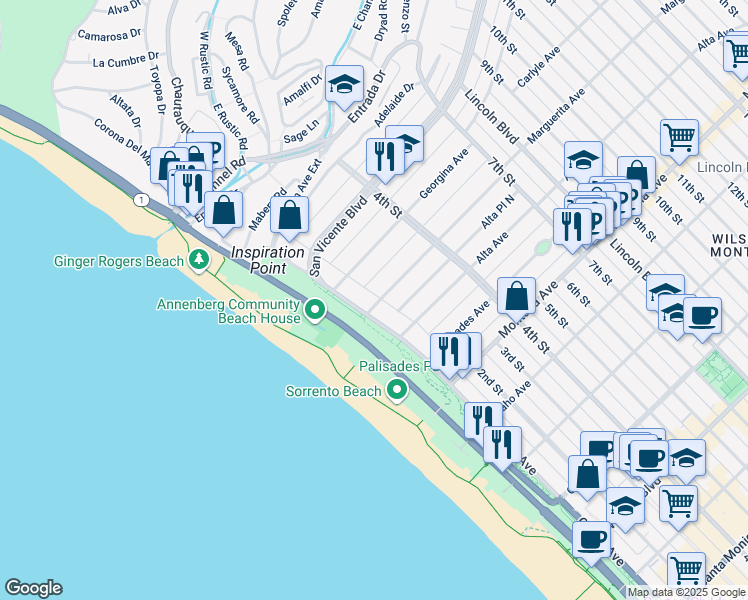 map of restaurants, bars, coffee shops, grocery stores, and more near 115 Marguerita Avenue in Santa Monica