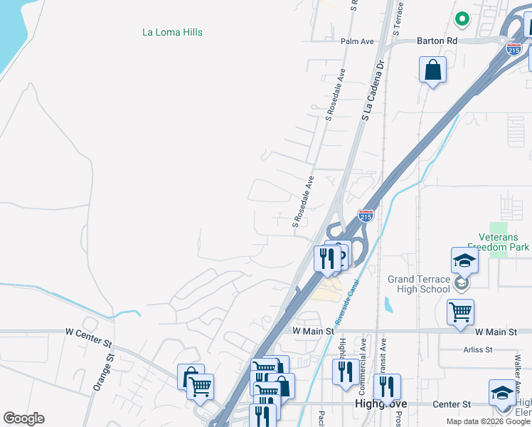 map of restaurants, bars, coffee shops, grocery stores, and more near 291 Coyote Drive in Colton