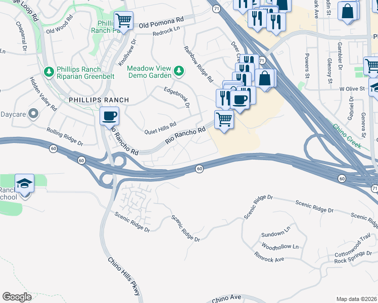 map of restaurants, bars, coffee shops, grocery stores, and more near 47 Town and Country Road in Pomona