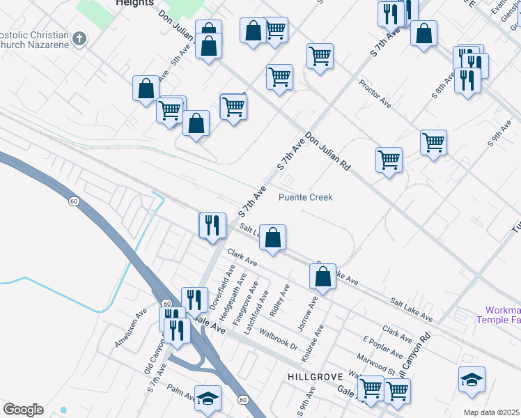 map of restaurants, bars, coffee shops, grocery stores, and more near 720 South 7th Avenue in City of Industry