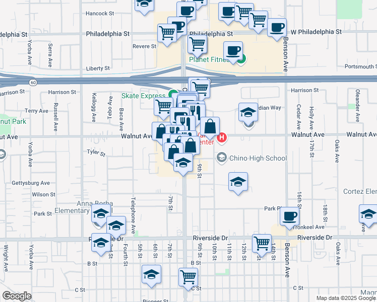map of restaurants, bars, coffee shops, grocery stores, and more near 12555 Central Avenue in Chino