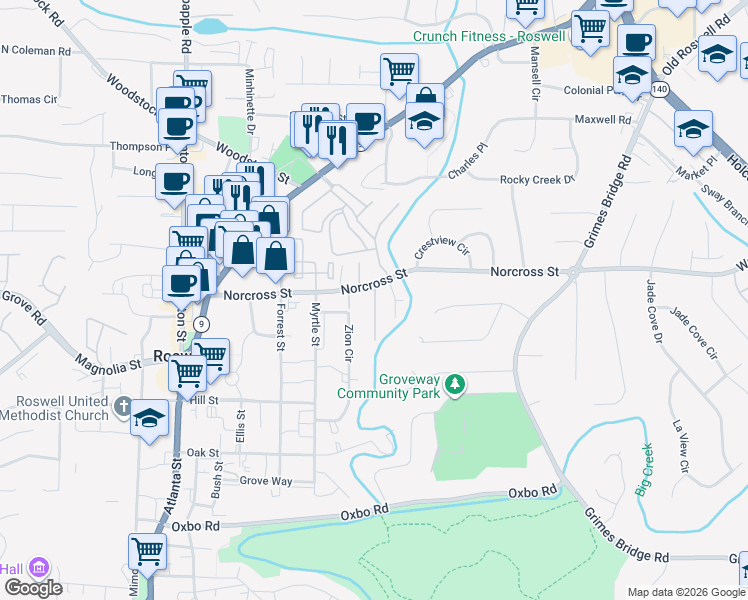 map of restaurants, bars, coffee shops, grocery stores, and more near 7315 Saint Charles Square in Roswell