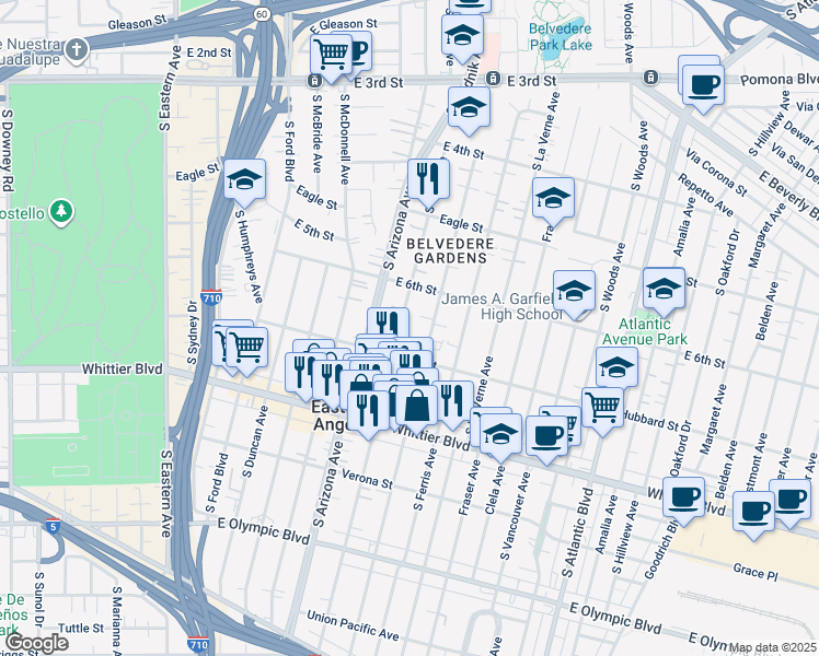 map of restaurants, bars, coffee shops, grocery stores, and more near 646 South Kern Avenue in East Los Angeles