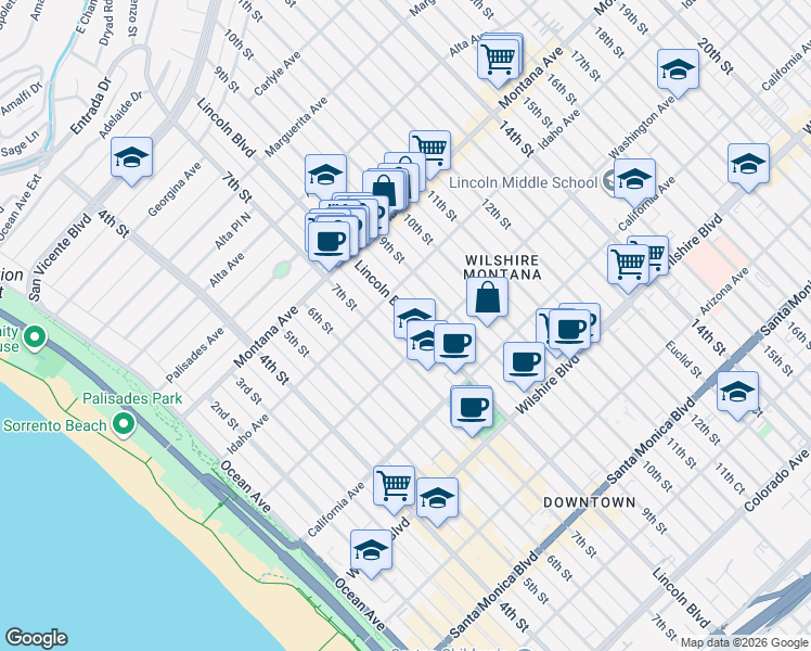 map of restaurants, bars, coffee shops, grocery stores, and more near 938 Lincoln Boulevard in Santa Monica
