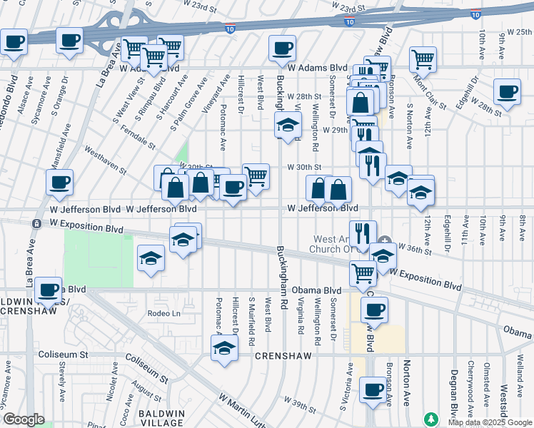 map of restaurants, bars, coffee shops, grocery stores, and more near 4111 West Jefferson Boulevard in Los Angeles