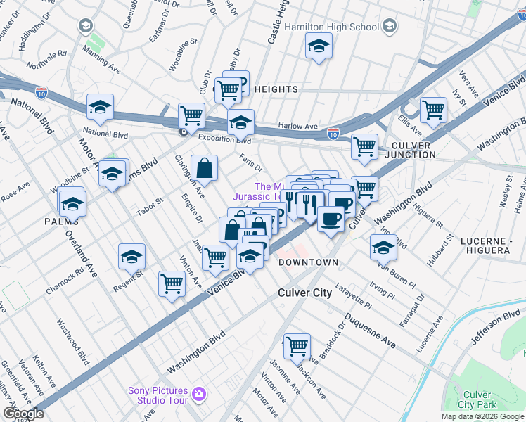 map of restaurants, bars, coffee shops, grocery stores, and more near 9732 Regent Street in Los Angeles