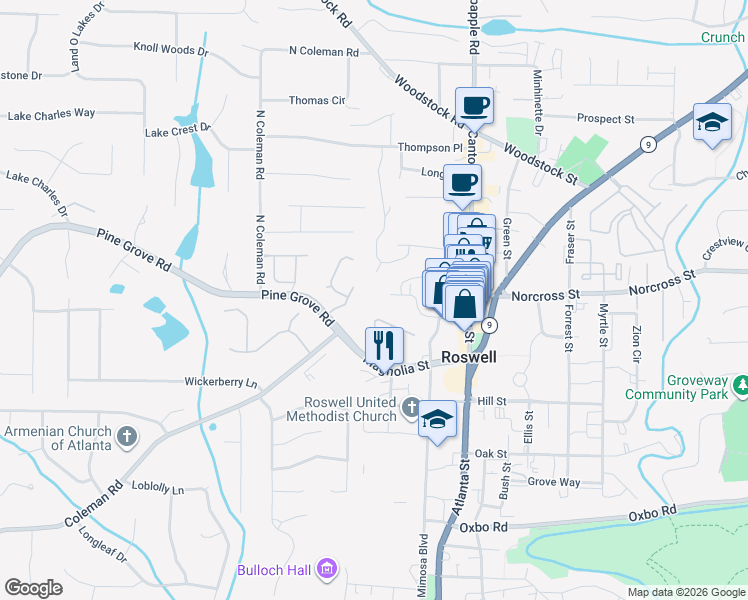 map of restaurants, bars, coffee shops, grocery stores, and more near 128 Webb Street in Roswell
