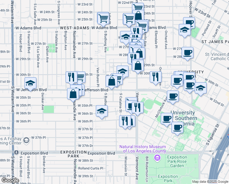 map of restaurants, bars, coffee shops, grocery stores, and more near 3410 Walton Avenue in Los Angeles