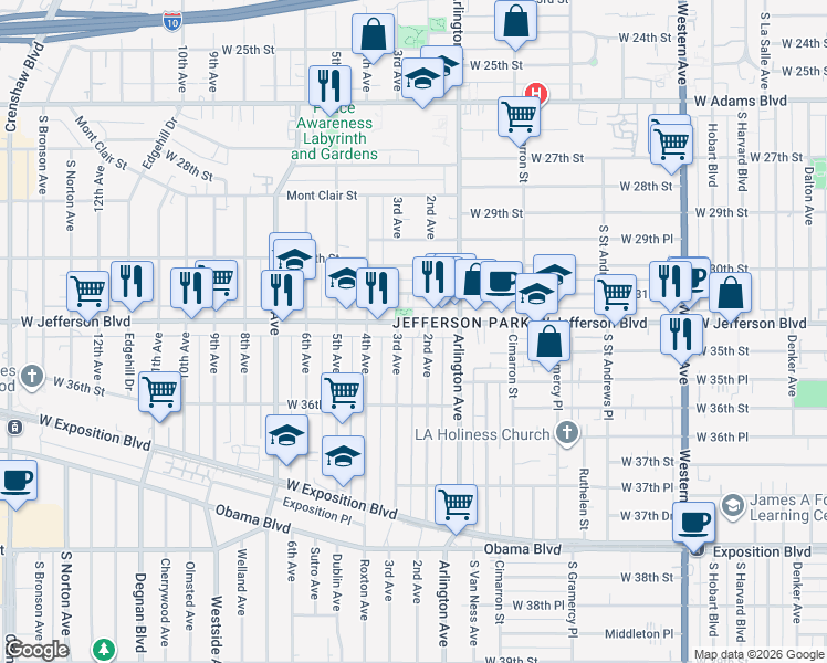 map of restaurants, bars, coffee shops, grocery stores, and more near 2216 West Jefferson Boulevard in Los Angeles