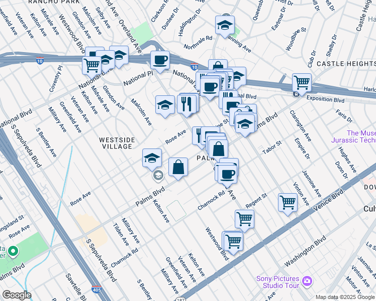 map of restaurants, bars, coffee shops, grocery stores, and more near 10732 Woodbine Street in Los Angeles