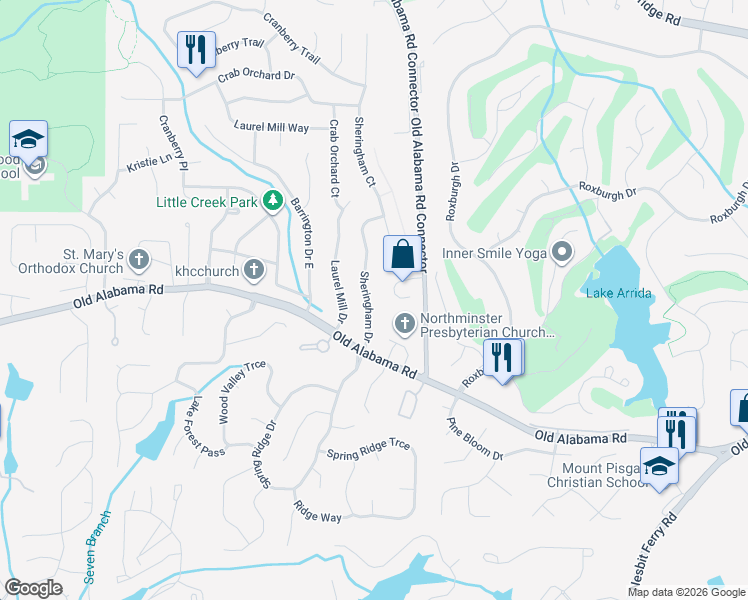 map of restaurants, bars, coffee shops, grocery stores, and more near 165 Sheringham Drive in Roswell