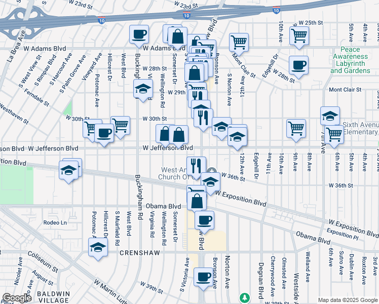 map of restaurants, bars, coffee shops, grocery stores, and more near 3053 South Victoria Avenue in Los Angeles