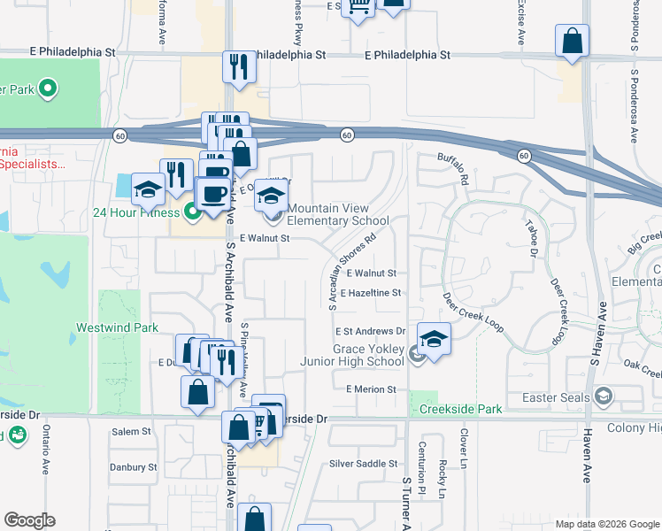 map of restaurants, bars, coffee shops, grocery stores, and more near 2634 South Arcadian Shores Road in Ontario