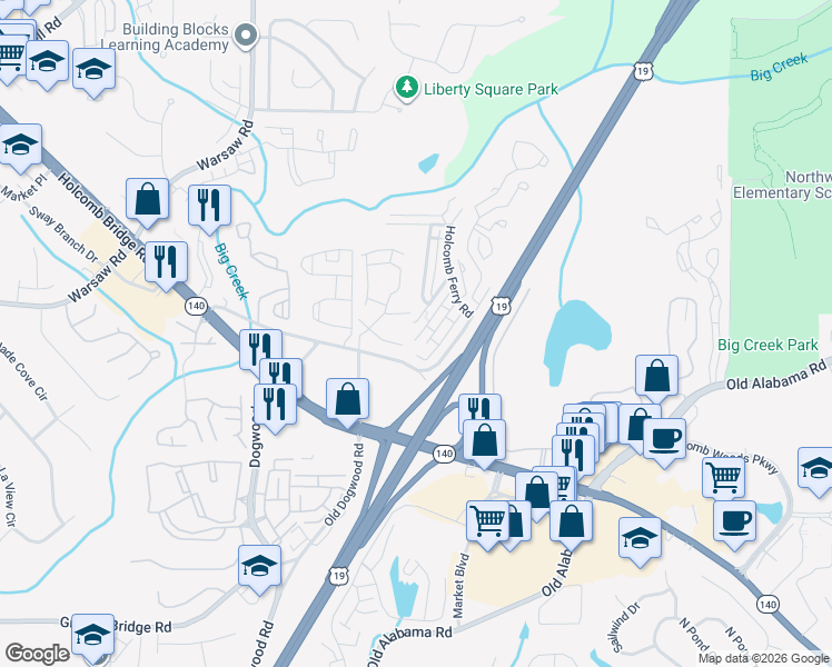map of restaurants, bars, coffee shops, grocery stores, and more near 230 Mill Creek Place in Roswell