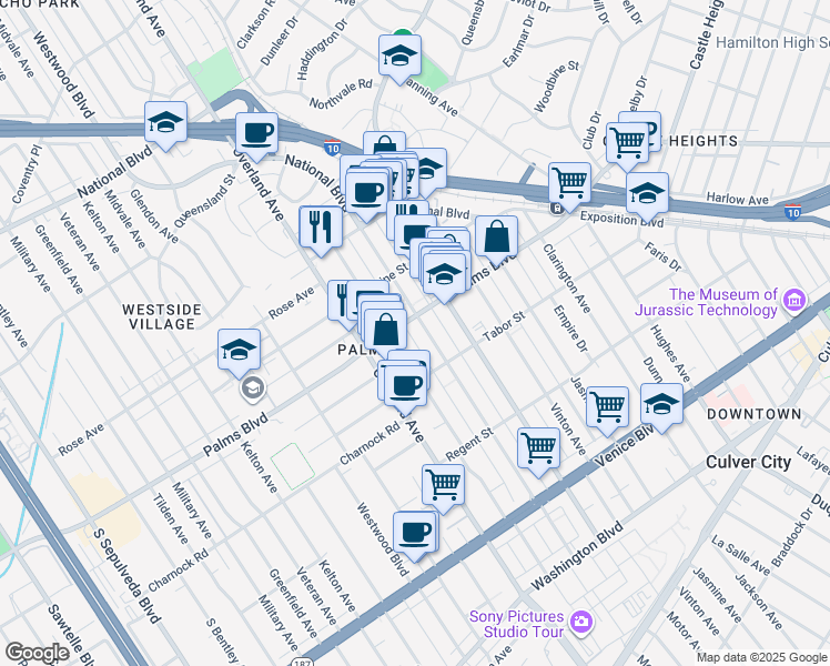 map of restaurants, bars, coffee shops, grocery stores, and more near 10509 Palms Boulevard in Los Angeles