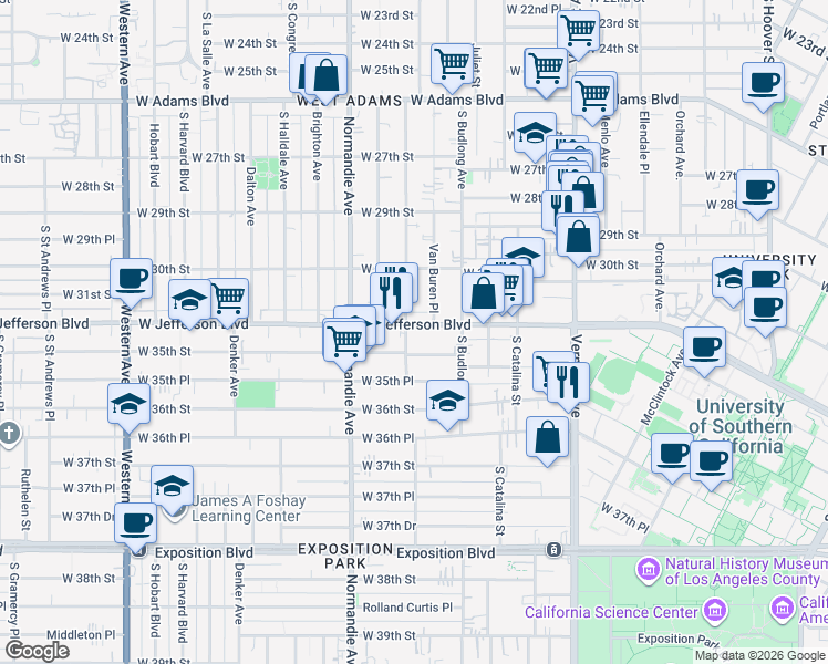 map of restaurants, bars, coffee shops, grocery stores, and more near 1418 West Jefferson Boulevard in Los Angeles
