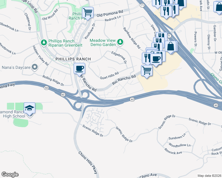 map of restaurants, bars, coffee shops, grocery stores, and more near 49 Rio Rancho Road in Pomona