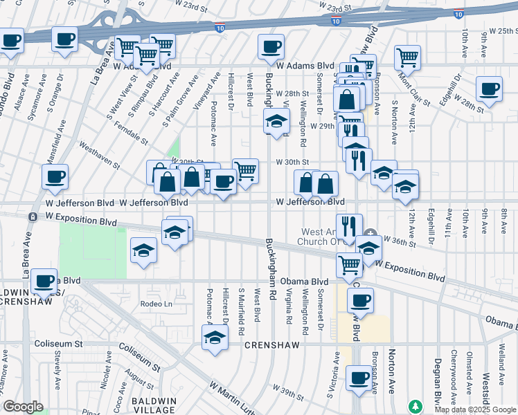 map of restaurants, bars, coffee shops, grocery stores, and more near 4111 West Jefferson Boulevard in Los Angeles