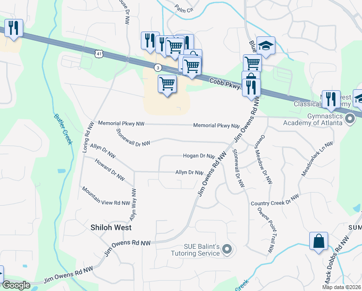 map of restaurants, bars, coffee shops, grocery stores, and more near 3637 Stonewall Drive Northwest in Kennesaw