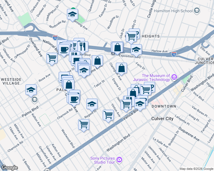 map of restaurants, bars, coffee shops, grocery stores, and more near 10203 Tabor Street in Los Angeles