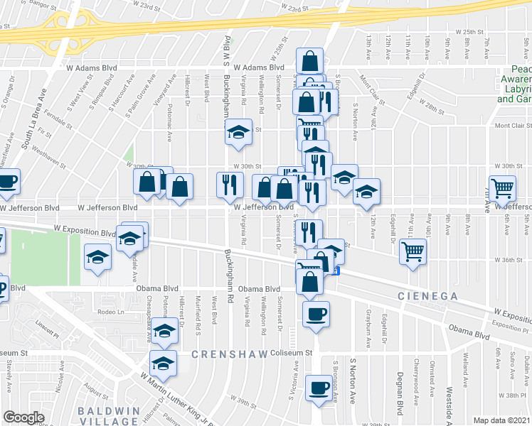 map of restaurants, bars, coffee shops, grocery stores, and more near 3821 West Jefferson Boulevard in Los Angeles