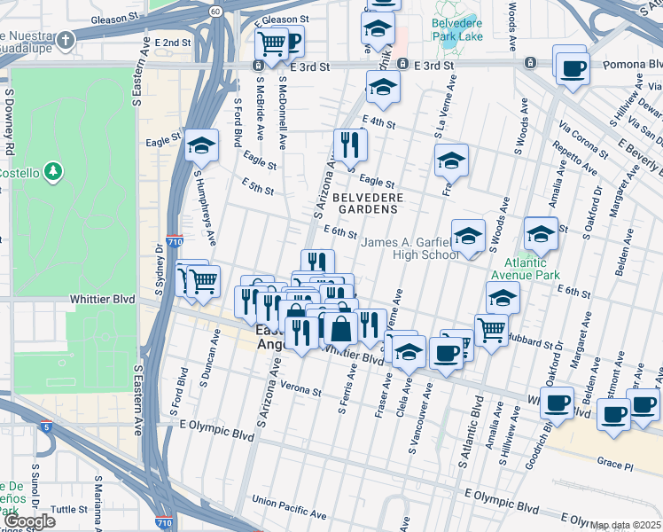 map of restaurants, bars, coffee shops, grocery stores, and more near 646 South Kern Avenue in East Los Angeles