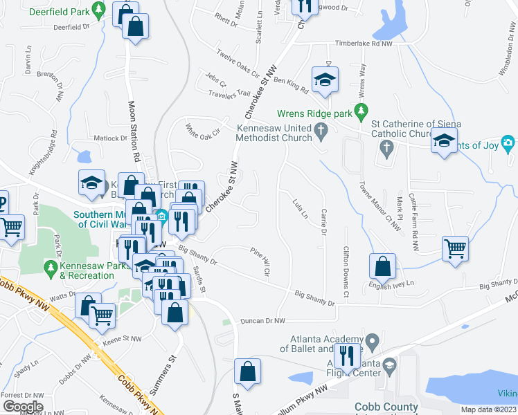 map of restaurants, bars, coffee shops, grocery stores, and more near 2084 Cherokee Ridge Trail Northwest in Kennesaw