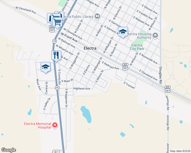 map of restaurants, bars, coffee shops, grocery stores, and more near 306 East Wharton Avenue in Electra