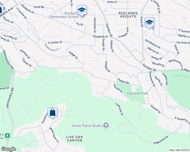 map of restaurants, bars, coffee shops, grocery stores, and more near 530 West Sunset Drive in Redlands