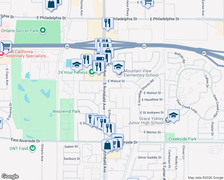 map of restaurants, bars, coffee shops, grocery stores, and more near 2728 East Walnut Street in Ontario