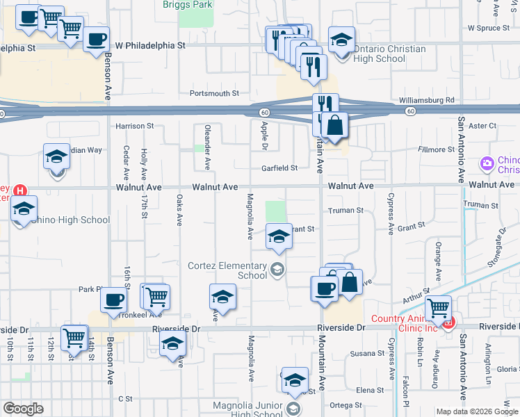 map of restaurants, bars, coffee shops, grocery stores, and more near 12531 Magnolia Avenue in Chino