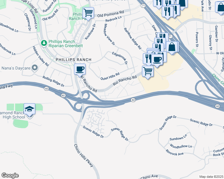 map of restaurants, bars, coffee shops, grocery stores, and more near 49 Rio Rancho Road in Pomona