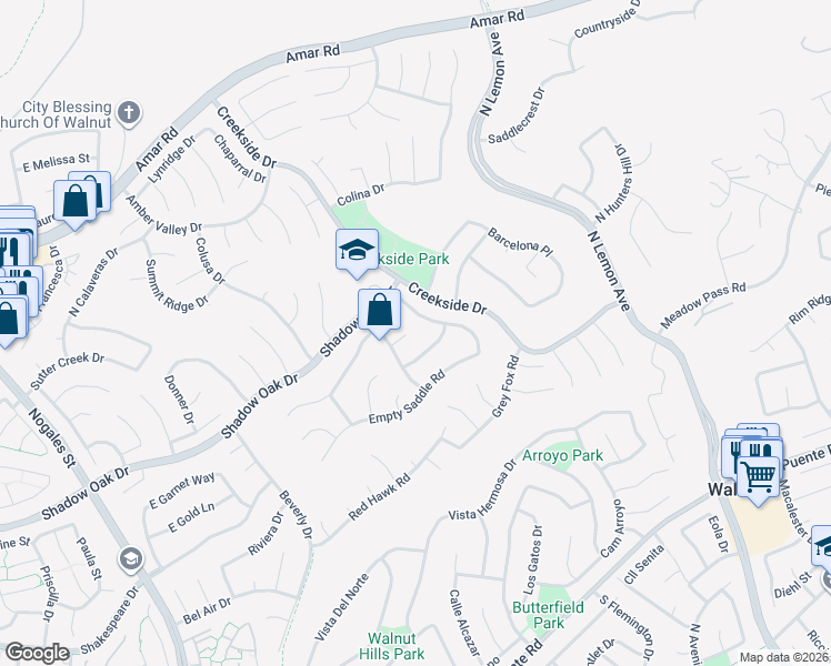 map of restaurants, bars, coffee shops, grocery stores, and more near 728 North Rocking Horse Road in Walnut