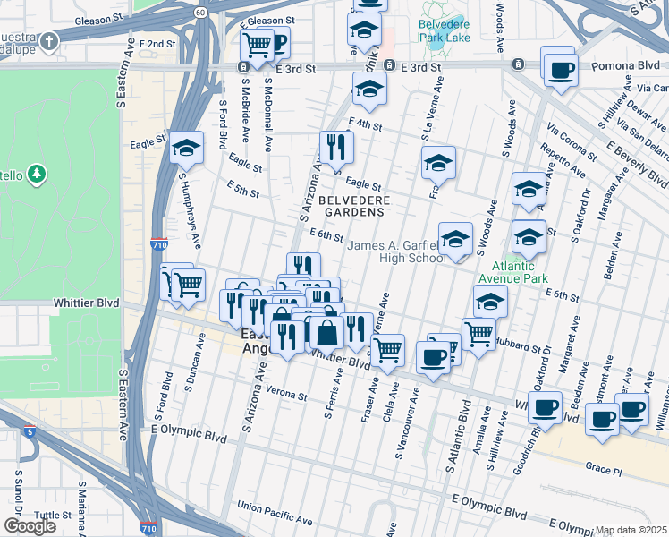 map of restaurants, bars, coffee shops, grocery stores, and more near 631 South Kern Avenue in East Los Angeles