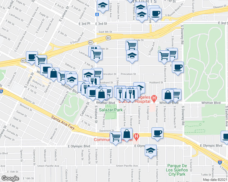 map of restaurants, bars, coffee shops, grocery stores, and more near 713 South Ditman Avenue in Los Angeles