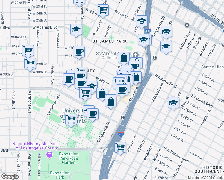map of restaurants, bars, coffee shops, grocery stores, and more near 649-655 3/4 West 30th Street in Los Angeles