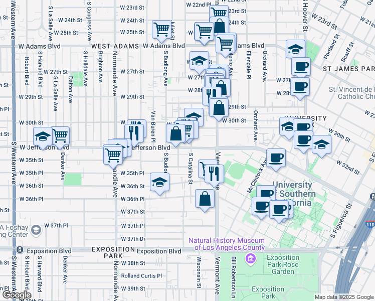 map of restaurants, bars, coffee shops, grocery stores, and more near 3112 Walton Avenue in Los Angeles