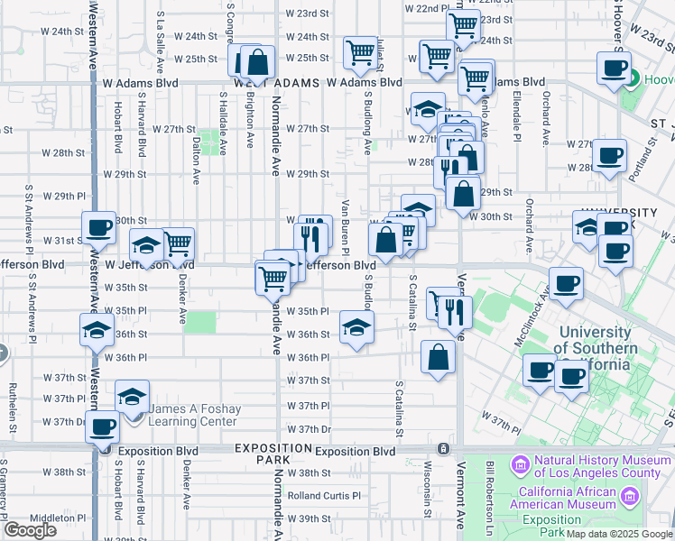 map of restaurants, bars, coffee shops, grocery stores, and more near 3117 Van Buren Place in Los Angeles