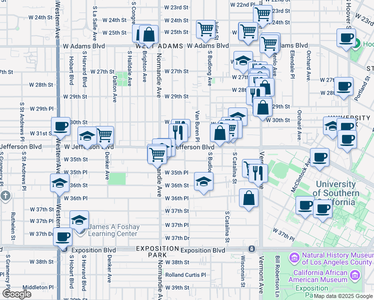 map of restaurants, bars, coffee shops, grocery stores, and more near 3117 Van Buren Place in Los Angeles