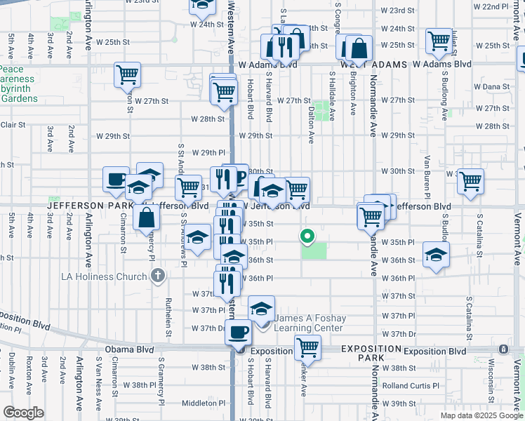 map of restaurants, bars, coffee shops, grocery stores, and more near 3110 South Harvard Boulevard in Los Angeles