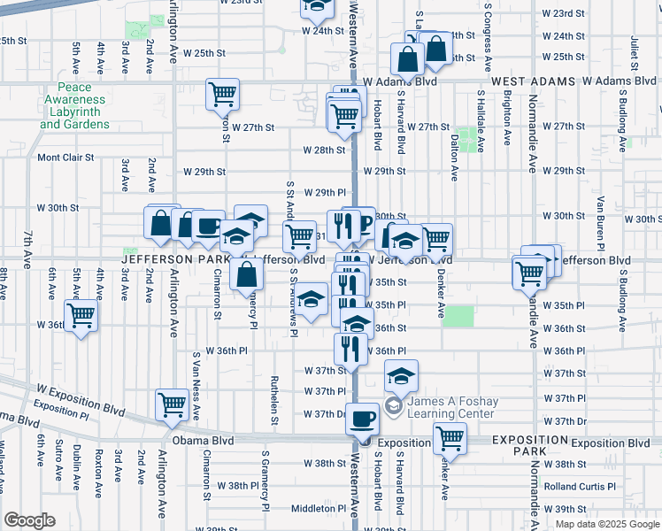 map of restaurants, bars, coffee shops, grocery stores, and more near 3115 South Western Avenue in Los Angeles