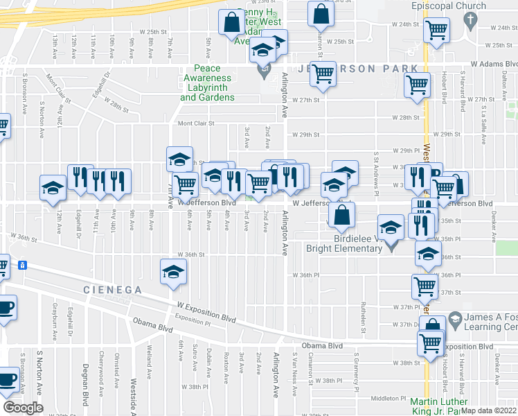 map of restaurants, bars, coffee shops, grocery stores, and more near 2231 West Jefferson Boulevard in Los Angeles