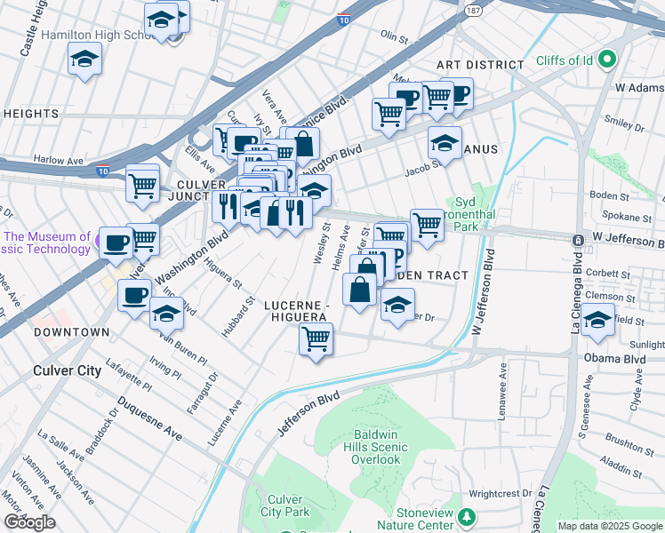 map of restaurants, bars, coffee shops, grocery stores, and more near 3548 Wesley Street in Culver City