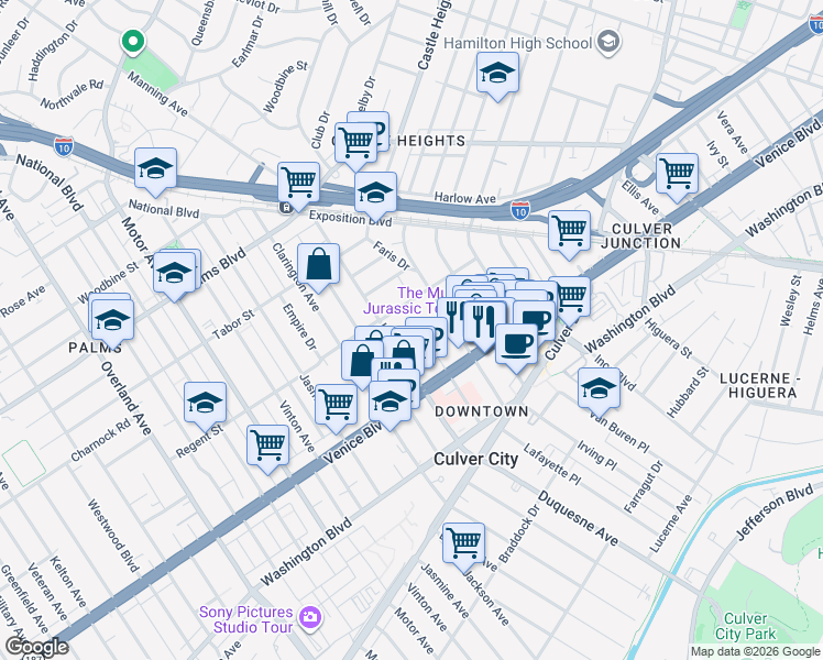 map of restaurants, bars, coffee shops, grocery stores, and more near 9732 Regent Street in Los Angeles