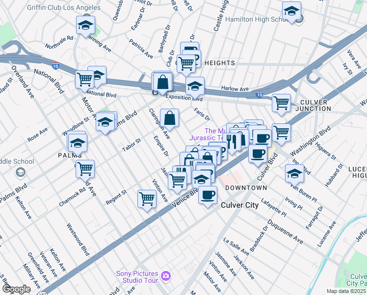 map of restaurants, bars, coffee shops, grocery stores, and more near 3663 Hughes Avenue in Los Angeles