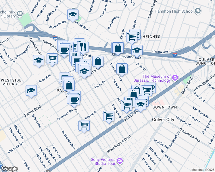 map of restaurants, bars, coffee shops, grocery stores, and more near 10203 Tabor Street in Los Angeles