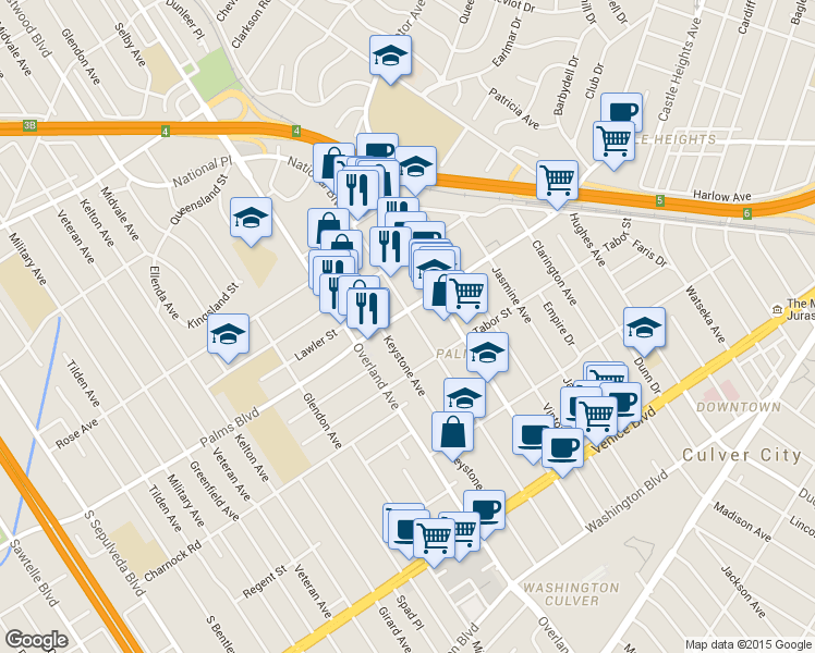 map of restaurants, bars, coffee shops, grocery stores, and more near 10509 Palms Boulevard in Los Angeles